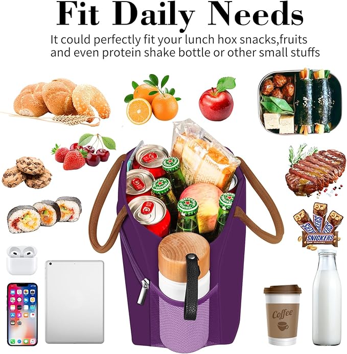 Coobiiya Lunch Bag Women, Lunch Box for Women Adult Men, Small Leakproof Cute Lunch Tote Large Capacity Reusable Insulated Cooler Lunch Container for Work/Office/Picnic/Travel-Purple