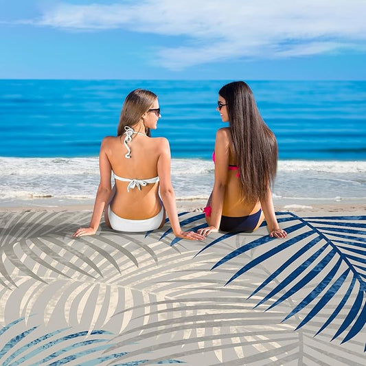 Extra Large Tropical Beach Blanket Waterproof Sandproof, Palm Leaf Design Beach Mat for 4 Adults w/Stakes & Sand Pockets, Lightweight Outdoor Blanket for Camping, Hiking Vacation Essentials