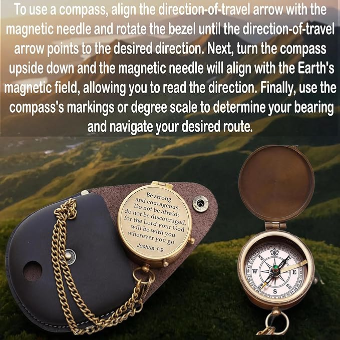 Collectibles Gallery Handmade Brass Compass with Leather case | Small Pocket Compass | Material- Brass (Be Strong and Courageous Brass Engraved Compass)