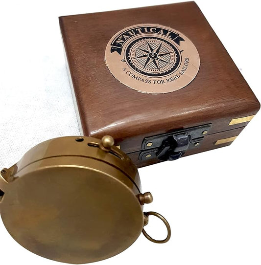 Magnetic Marine Brass Compass with Wooden Box – 2" Antique Nautical Compass for Navigation, Sailing, Hiking, Camping – Vintage Gift for Sailors & Collectors