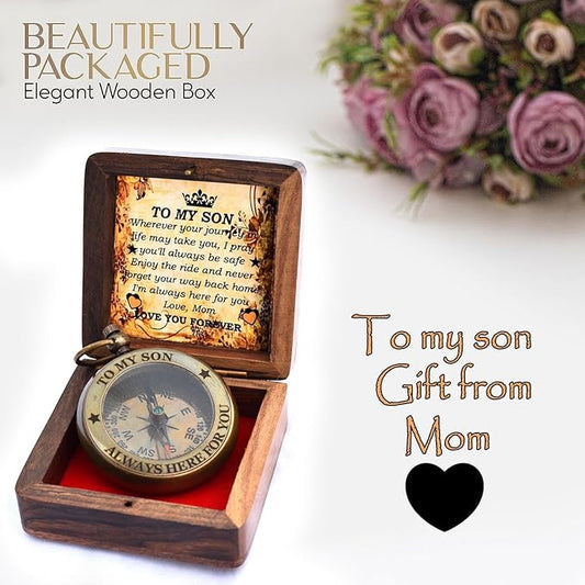to My Son Compass with Wooden Box-Mom to Son Compass–Father to Son Gifts- to My Grandson -Graduation Day Gifts for Son-Birthday, Baptism, Graduation, Confirmation, Communion Compass for Women Men