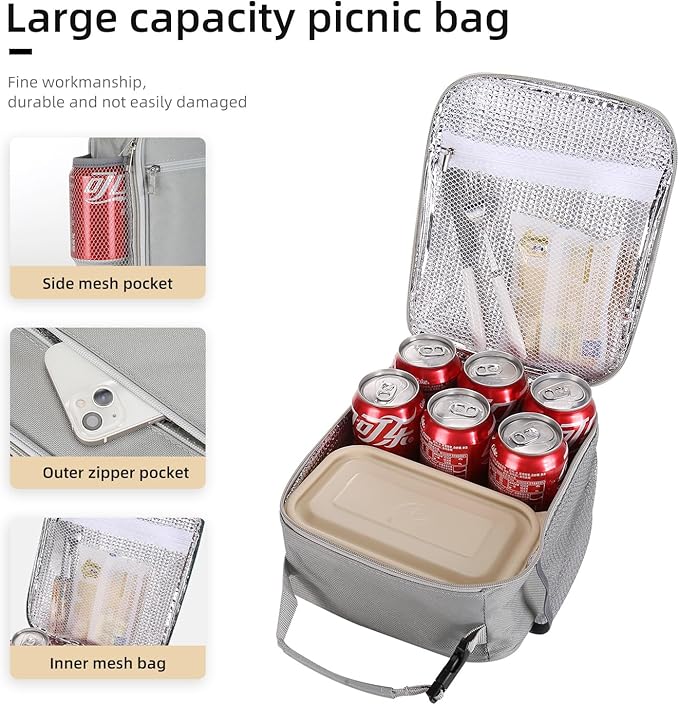 Lunch box Lunch bag for men women Insulated Lunchbox Lunch bags for Work Picnic Travel (Light grey)