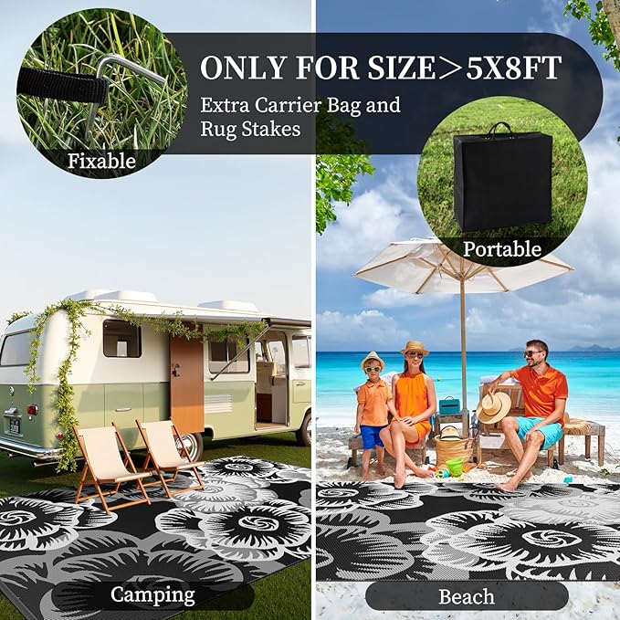 MontVoo Outdoor Rug-Waterproof Camping Rug Patio Rug Mat 6x9 ft Reversible Plastic Straw Outside Outdoor Rug for RV Camping Picnic Beach Balcony Backyard Pool Deck Porch Farmhouse Floral Black
