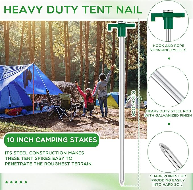 Shimeyao 10 Inch Tent Stakes Heavy Duty Camping Stakes Bulk Galvanized Non Rust Tent Pegs Metal Camping Spikes for Outdoor Camping Pitching Canopy