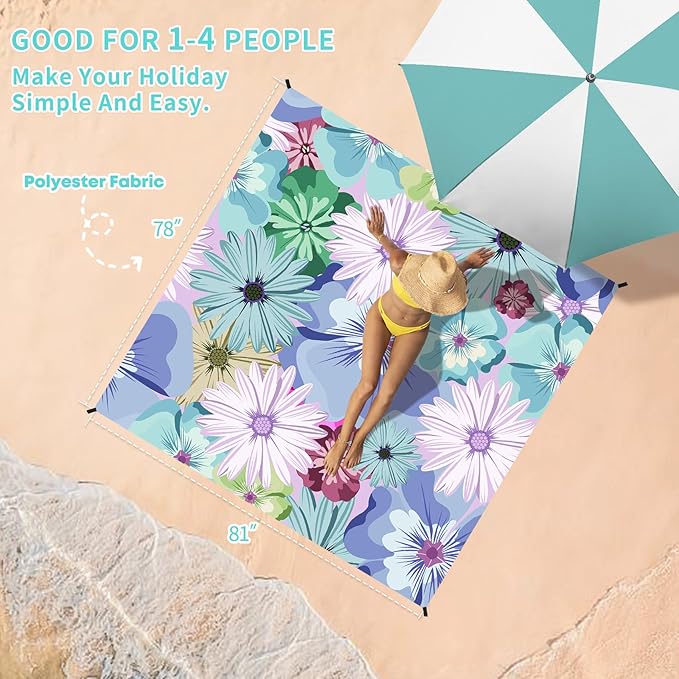 BYDOLL Beach Blanket Sandproof Waterproof 78''×81'' 1-4 Adults Compact Lightweight Oversized Beach Blanket Large Picnic Mat Beach Blanket for Travel Camping Hiking Picnic