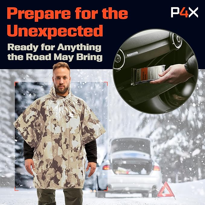 PREPARED4X Emergency Rain Poncho with Mylar Blanket Liner - Survival Blankets for Car - Heavy Duty, Waterproof Camping Gear