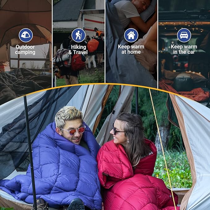KingCamp Camping Blanket Lightweight, Multifunctional Warm Puffy Outdoor Blanket with Snap Button, Water Repellent, Packable, for Travel, Airplane, Hiking, Picnic 1.37lbs/69x 53inchs