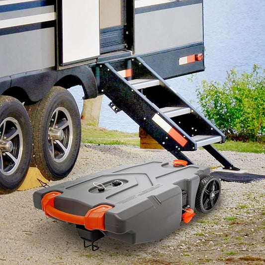 Camco Rhino 36-Gallon Camper/RV Tote Tank - Features Large Heavy-Duty No-Flat Wheels & Built-In Gate Valve - Removable Steel Tow Adapter, 3’ Sewer Hose & More RV Accessories (39006)