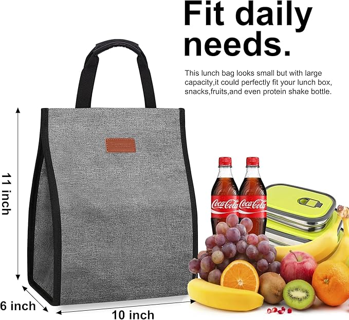 Lunch Bags for Women Insulated Reusable Lunch Tote with Internal Pocket, Lunch Tote bag for Work (Grey