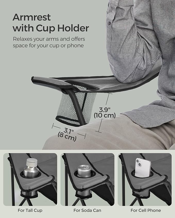 SONGMICS Folding Camping Chair, with Comfortable Sponge Seat, Cup Holder, Heavy Duty Structure, Max Load Capacity 551 lb, Outdoor Picnic Chair, Gray and Black UGCB006G01