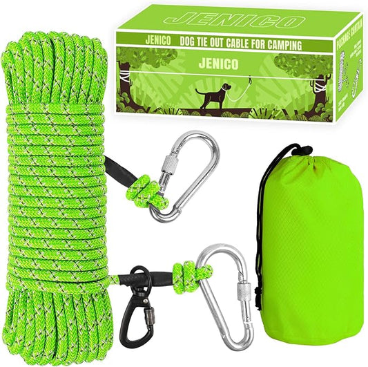 Dog Tie Out Cable for Camping - 50ft/70ft/100ft Portable Reflective Overhead Trolley System for Dogs up to 300lbs - Dog Lead for Yard Camping | Parks | Outdoor Events Green