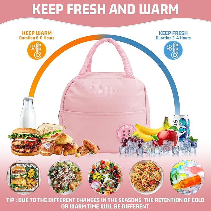 Insulated Lunch Bag for Men Women, Small Portable Reusable Lunch Cooler Tote Bag, Leakproof Thermal Lunch Box for Work Picnic Travel, Pink