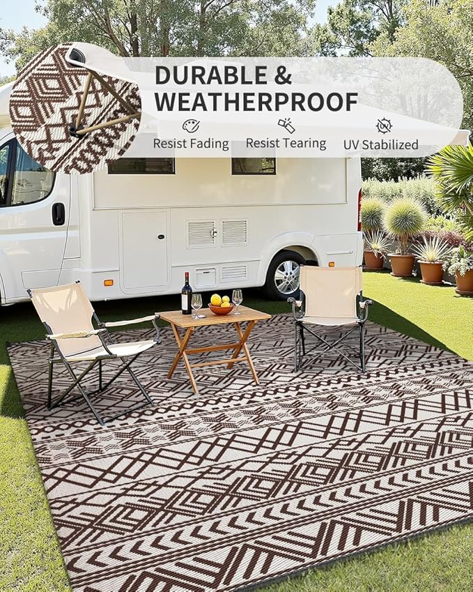 MontVoo Outdoor Rug 8x10 Waterproof Outdoor Patio Rug Mat Reverisble Plastic Straw Outdoor Rug for RV Camping Picnic Beach Balcony Boho Beige Brown