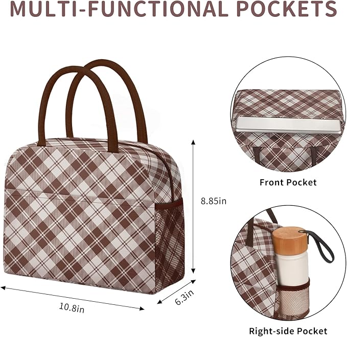 Lunch Bag Lunch Box for Women Men Reusable Insulated Cooler Lunch Tote Bags, Leakproof Cute LunchBag Large Capacity for Work Travel Picnic,Brown Grid