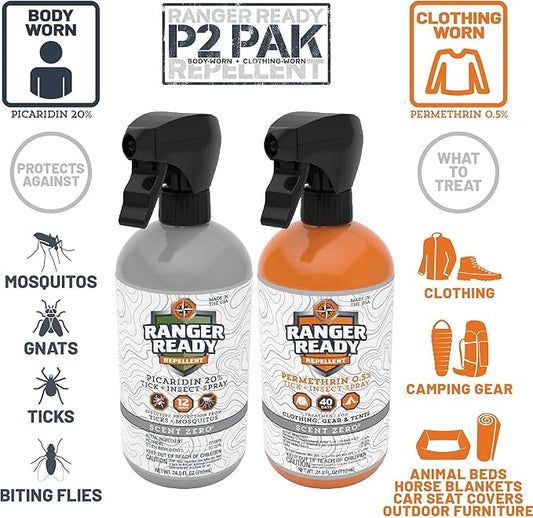 Ranger Ready Repellents P2Pak Permethrin + Picaridin 20% Tick & Insect Repellent, Scent Zero, 24 Fl Oz. (Pack of 2)