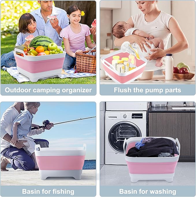 2.4 Gal(9L) Collapsible Dish Basin with Drain Plug, Space Saving Outdoor Multiuse Foldable Sink Tub, Dishpan, Kitchen Storage Tray for Camping, Vegetable Washing, RV (Pink)