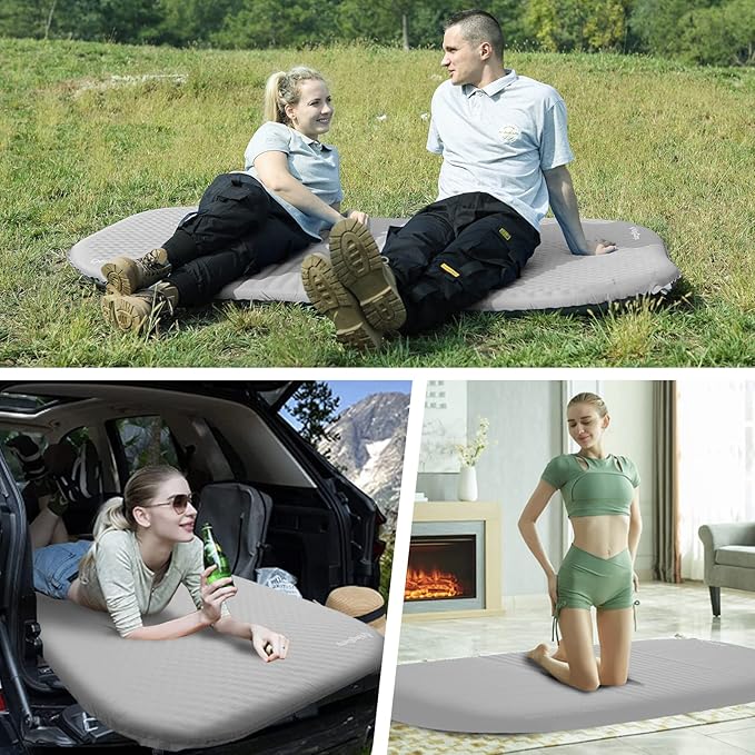KingCamp 2 Person Self Inflating Double Insulated Pad Camping Mattress for Tent, Cot, Traveling, and Hiking Deluxe Series, Light Gray/Charcoal