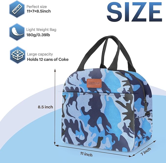Lunch Bag for Women & Men Adult Insulated Lunch Box, Small Leakproof Cooler Food Lunch Containers Reusable High Capacity Lunch Tote Bags for Work, Travel, Outdoor (Blue Camo)