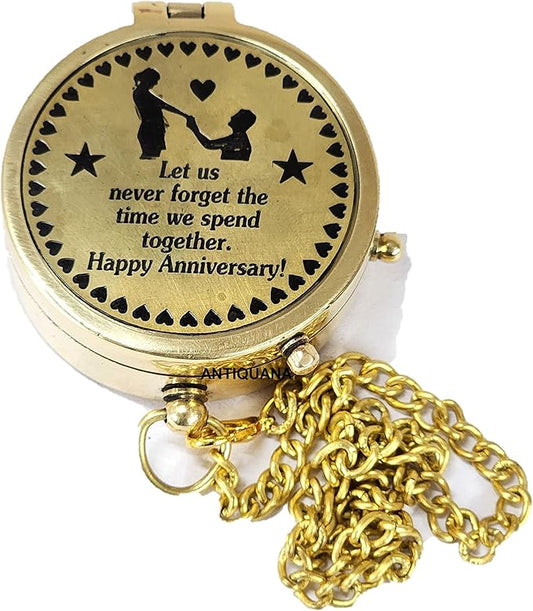 Brass Compass Unique Print ' Happy Anniversary ' Engraved Compass with Leather Case and Chain A Great Gift Item for Your Loved One