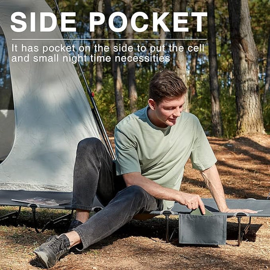 EVER ADVANCED Folding Camping Cot for Adults, Compact Sleeping Cots with Side Pocket, Portable Heavy Duty Foldable Camp Bed with Carry Bag for Outdoor, Travel, Grey