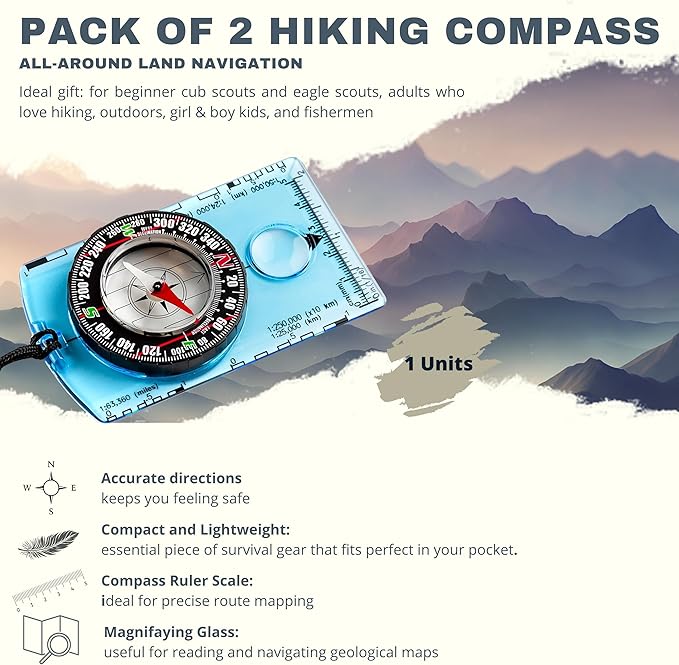 Pack of 2 Orienteering Compass Hiking-Compasses boy Scout Kids- Magnetic Gear Set Navigation map- Brujulas orientacion-Backpacking Camping Hunting Survival.
