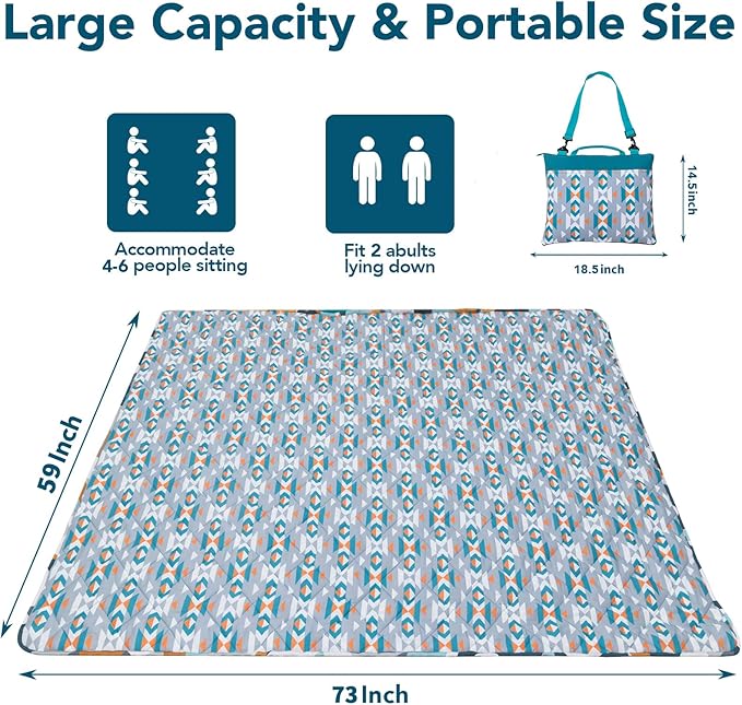 Picnic Blankets Extra Large, Waterproof Sandproof Packable Outdoor Beach Blanket Oversized 73x59”, 3-Layer Picnic Mat for Camping Hiking Travel Park with Easy-Carrying Tote Bag (Colorful Boho)