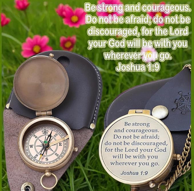 Collectibles Gallery Handmade Brass Compass with Leather case | Small Pocket Compass | Material- Brass (Be Strong and Courageous Brass Engraved Compass)