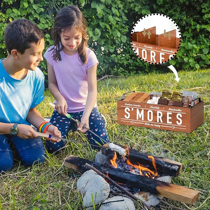 S'Mores Station, Farmhouse Smores Caddy with Handles, Smores Kit for Fire Pit Smores Maker Box, Smores Bar Station with 5Pcs Extendable Marshmallow Roasting Sticks, Camping Essentials Gear Accessories