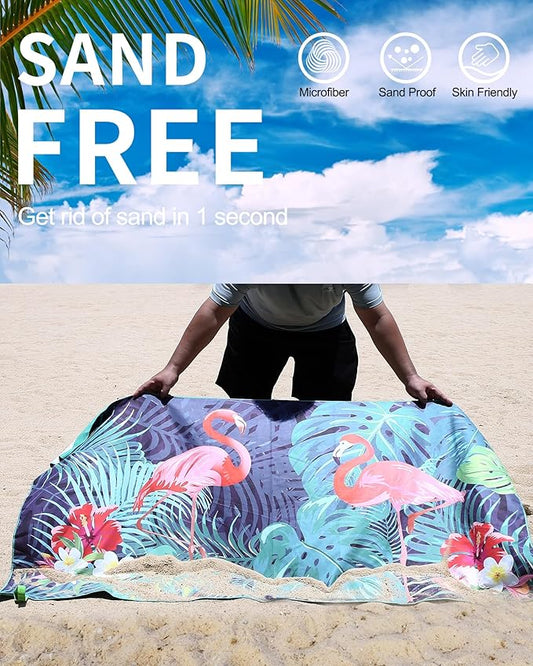 Microfiber Beach Towels for Adults - Large Travel Towel Fast Drying Lightweight 62x32 Inch, Sand Free Towel with Pouch, Buttons, Elastic Band for Fitness, Yoga, Sauna, Camping, Swim (Flamingo)