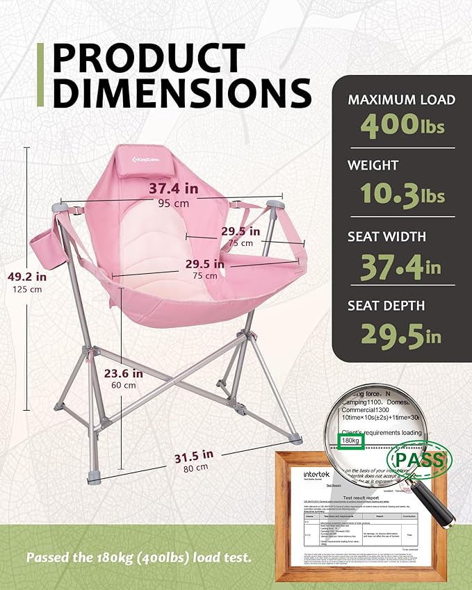 KingCamp Hammock Camping Chair, Swinging Portable Folding Camp Chairs for Adults 400lbs Heavy Duty Foldable Oversized Rocker with Aluminum Alloy Frame Cup Holder Pillow for Outdoor Beach Patio Sport