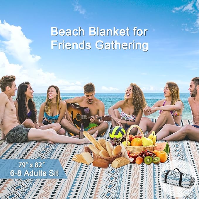 Picnic Blanket Extra Large(79" x 82"), 3-Layer Thickening Camping Blanket, Machine Washable Outdoor Blanket, Wear-Resistant, Soft and Comfortable, Sandproof Beach Mat for Beach, Park, Lawn(Boho Blue)