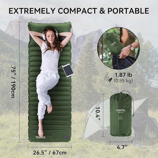 TOBTOS Inflatable Sleeping Pad for Camping with Pillow, 4" Thick Camping Mat with Built-in Foot Pump, Compact Air Mattress for Camping, Hiking, Backpacking (Green)