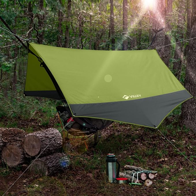 VILLEY Camping Tarps for Tents, Portable Waterproof Hammock Rain Fly, Easy Set Up Camping Shelter Sunshade Canopy for Outdoor Fishing, Backpacking, Hiking, Survival Gear- Heptagonal, Green