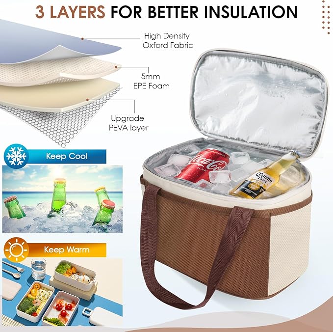 Reusable Lunch Box Lunch Bag for Women Men Insulated Lunch Bag Women Lunch Cooler Tote Bags for Office Work Picnic Outdoor Travel, Brown