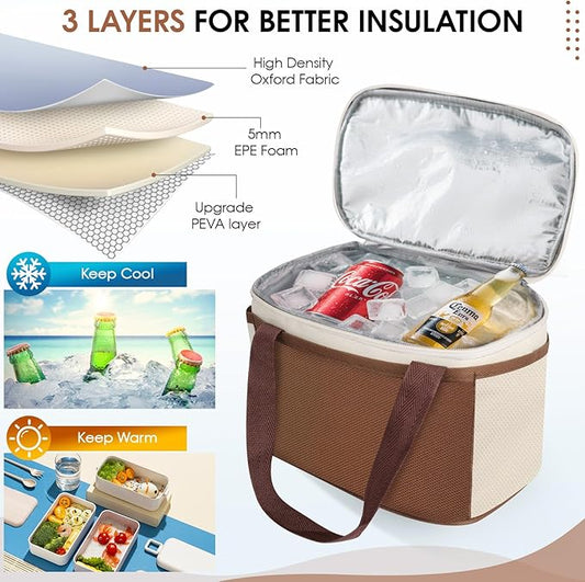 Reusable Lunch Box Lunch Bag for Women Men Insulated Lunch Bag Women Lunch Cooler Tote Bags for Office Work Picnic Outdoor Travel, Brown