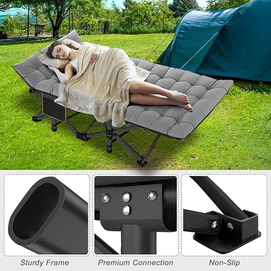 ABORON 2 Pack Folding Camping Cot W/Mat for Adults, Heavy Duty Outdoor Bed with Carry Bag,1200 D Layer Oxford Travel Camp Cots