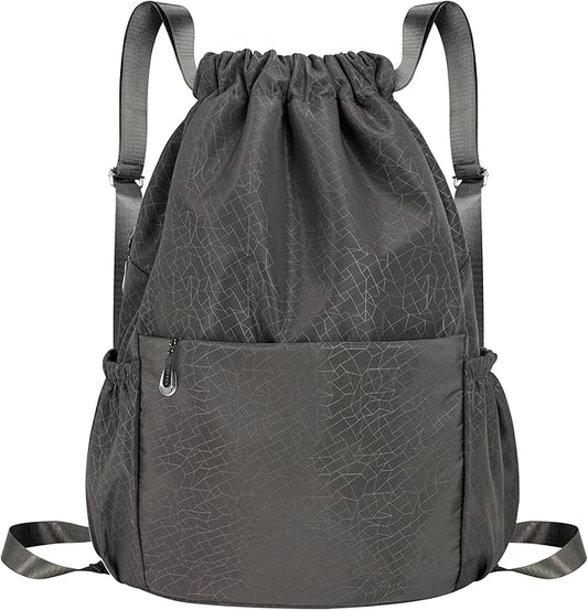 Drawstring Backpack Waterproof Small Gym Bag for Women String Backpack, Sports Gym Sack Cinch Bag with Multi Pockets (Grey)