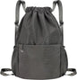 Drawstring Backpack Waterproof Small Gym Bag for Women String Backpack, Sports Gym Sack Cinch Bag with Multi Pockets (Grey)