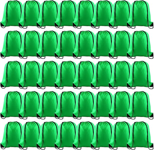 KUUQA 100Pcs Green Drawstring Backpacks - Bulk Gym Sport Travel Bags