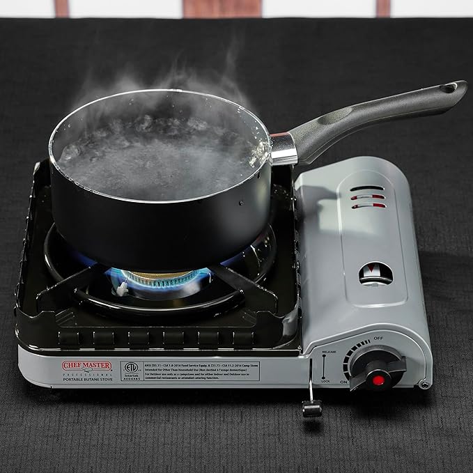 Chef Master 15,000 BTU Portable Butane Camping Stove COMBO with 4 x 8oz. Butane Fuel Canister, Double Wind-Guard Portable Stove Burner for Emergency, Road Trip, Backpacking & Camping Essential - 90019