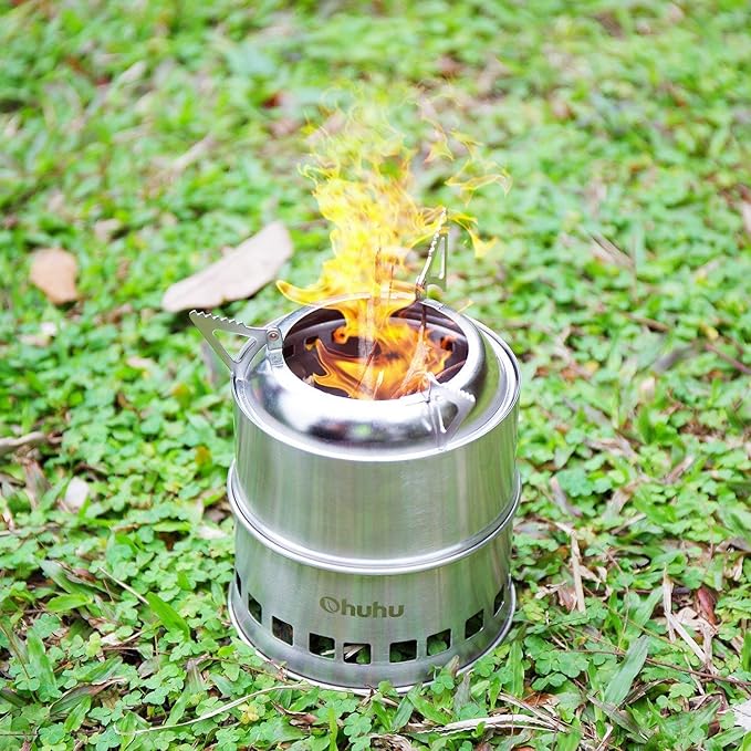 Camping Stove, Ohuhu Camp Stove Wood Burning Stove Stainless Steel Stoves Mini Portable Stove for Camping Picnic BBQ Backpacking Hiking Survival Emergency Cooking Outdoor with Grill Grid Carry Bag