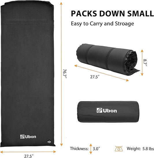 Ubon Sleeping Foam for One Person Fast Self Inflating Camping Pad 3 Inch Extra Thickness Camping Foam Pad Thick Inflatable Moisture-Proof Foam - Black