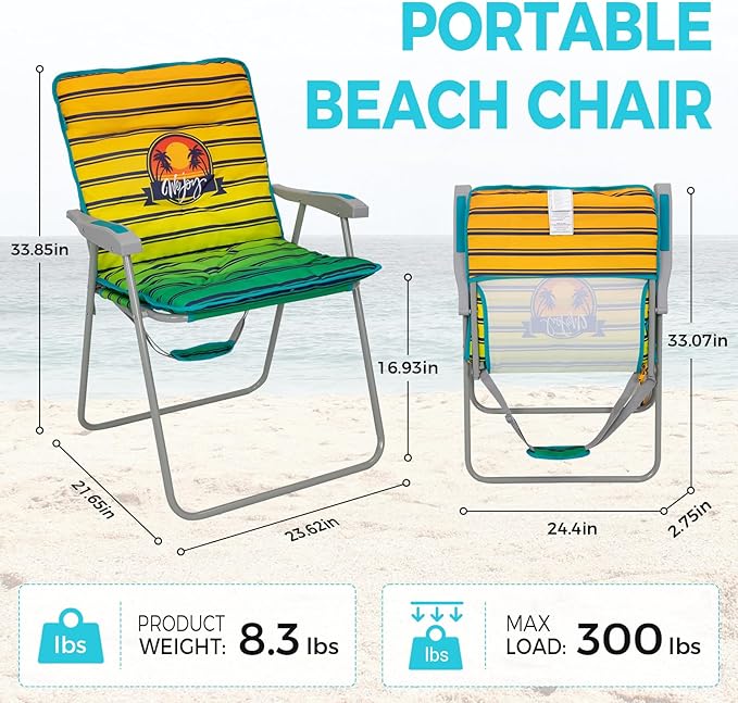 #WEJOY Folding Beach Chair for Adults, Lightweight Beach Chair with Shoulder Straps, High Back Beach Chairs with Hard Armrest, Supports 300lbs for Beach Lawn Concert