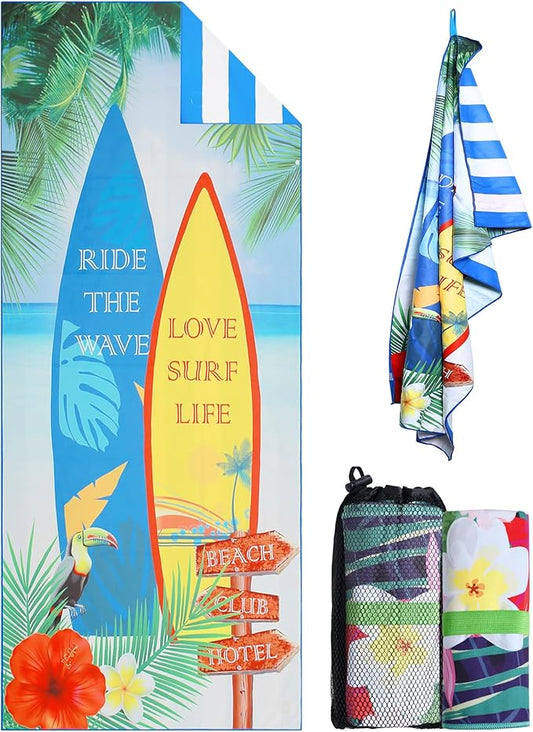 Microfiber Large Beach Towel - Big Camping Towels Fast Drying Lightweight 62x32 Inch, Sand Free Portable Pool Towel with Pouch, Buckles, Elastic Band for Travel, Fitness, Yoga, Sauna, Swim