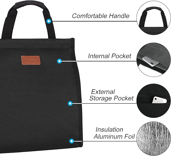 Lunch Bags for Women Insulated Reusable Lunch Tote with Internal Pocket, Lunch Tote bag for Work (Black