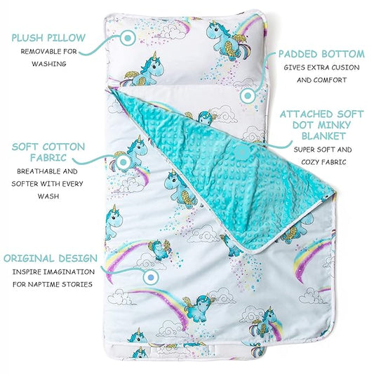 JumpOff Jo - Toddler Nap Mat - Sleeping Bag for Kids with Removable Pillow and Ultra Soft Blanket for Preschool, Daycare, and Sleepovers - Unicorn Pixie Dust