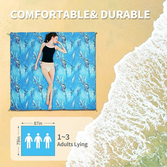 Beach Blanket, 83''*79''(210 * 200cm) Waterproof Sandproof Shark Picnic Blankets for 3-5 Adults, Oversized Lightweight Beach Mat, Big & Compact Picnic Mat for Travel, Camping, Hiking, Beach