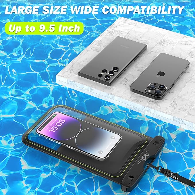 MoKo Floating Waterproof Phone Pouch - 9.5" Large Clear Phone Water Protector Pouch Dry Bag Case with Lanyard, Compatible for iPhone 14 13 12 Pro Max, Galaxy S23 S22 Ultra, 2 Pack Black+Black