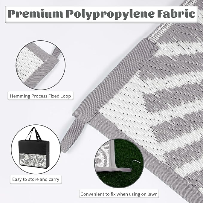 Ileading Reversible Plastic Outdoor Rug Modern Geometric Style Patio Straw Mat Waterproof Deck Carpets Non Shedding Portable Area Rugs for RV Beach Backyard Outside Pool Picnic Camping (5'x8'Grey)