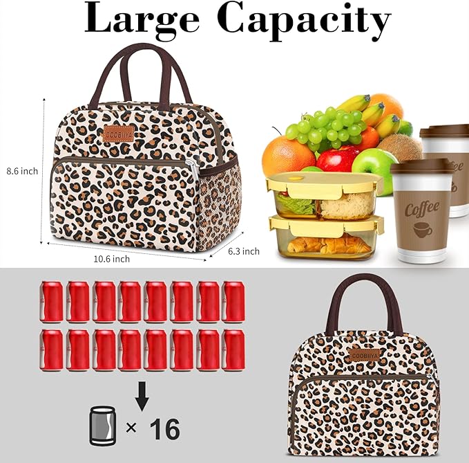 Coobiiya Lunch box for Women, Lunch Bags for Adults, Small Leakproof Cute Lunch Pail Large Capacity Reusable Insulated Cooler Lunch Container for Work/Office/Picnic/Beach - leopard